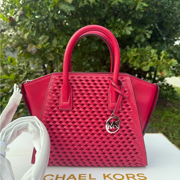 Michael Kors Small Avril Woven Satchel TZ Leather Bag Dark Raspberry - Picture 1 of 16